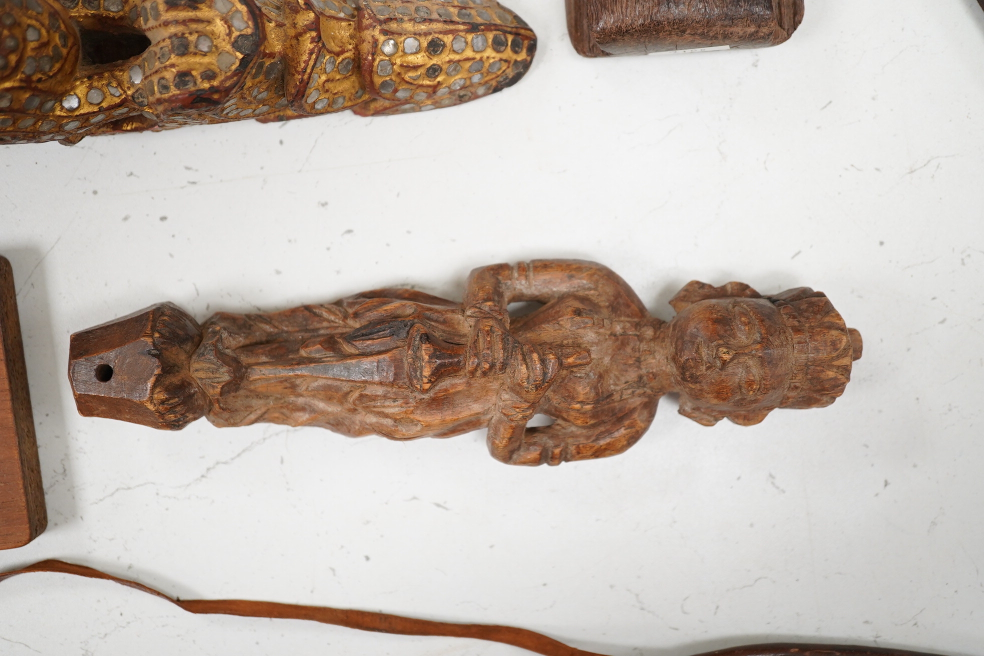 A group of African, Indonesian and other South East Asian carvings and a lacquer box. Sword 60cm long. Condition - poor, fair to good